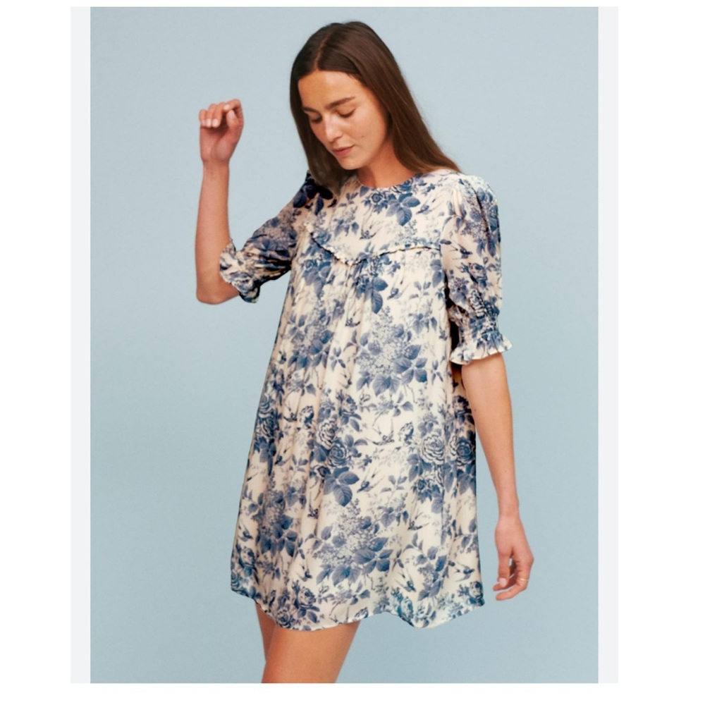 Reformation Conrad Floral Birds Roses Printed Mini Dress 8 babydoll ruffle